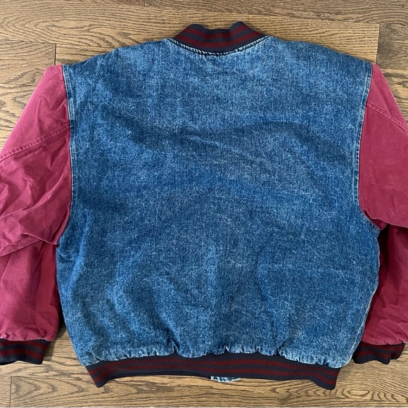 No Fear Varsity Bomber Jacket Denim Men’s Large Vintage Snap 90s Y2K Burgundy - Picture 2 of 3